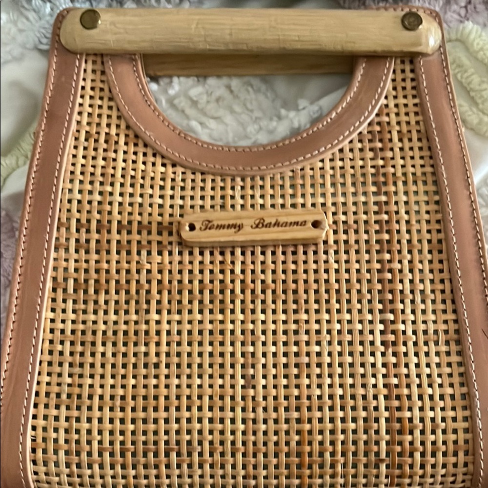Tommy Bahama Tan Woven Tote with Wooden Handle